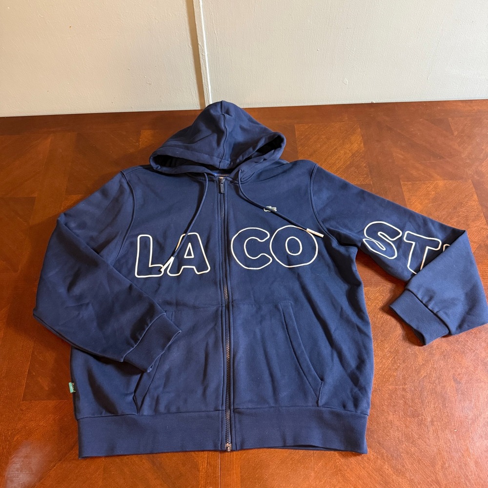 Lacoste Mens Classic Fit Navy Blue Full Zip Logo Hoodie Sweatshirt US XL FR 6